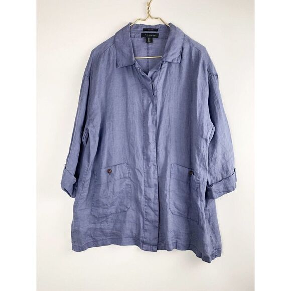 Tahari 100%Linen Blue Button Up Pockets Lagenlook Women’s Size Large Top - Picture 1 of 6